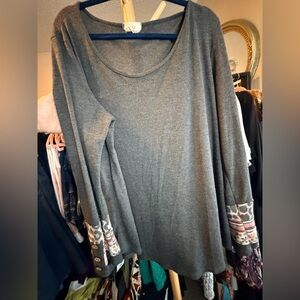 Elegant Charcoal Long Sleeve Top with Patterned Cuffs